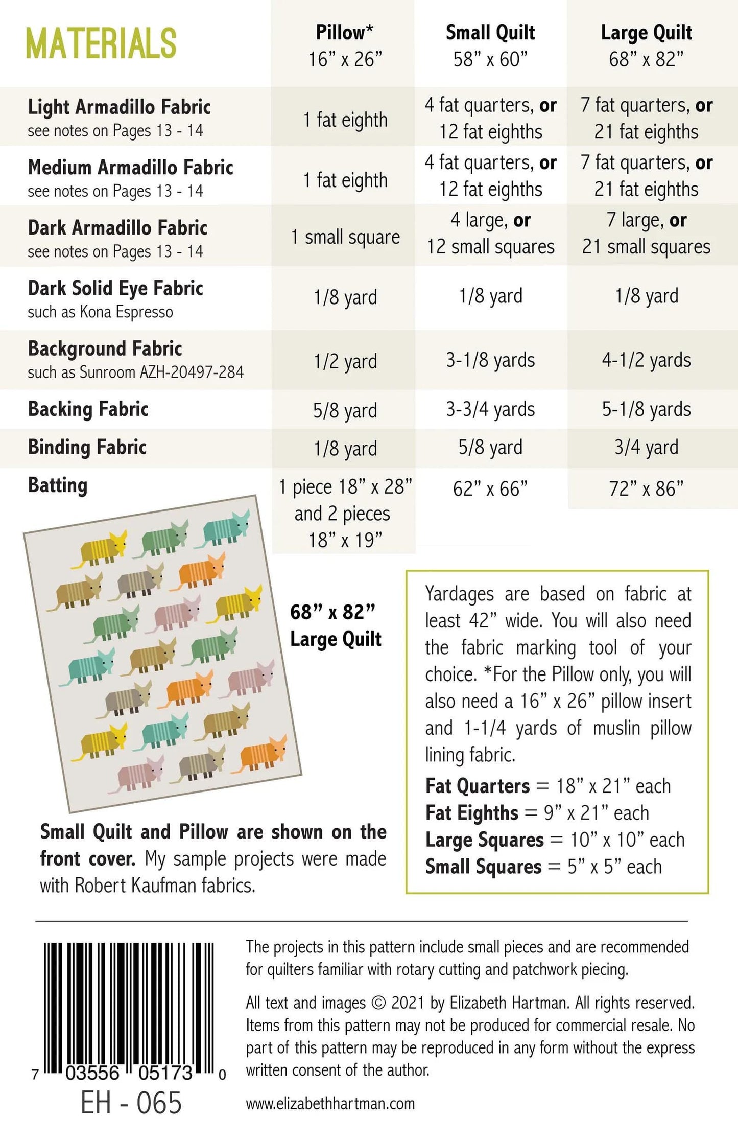 Elizabeth Hartman Armadillos Pattern - 3 Size Variations Per Pattern