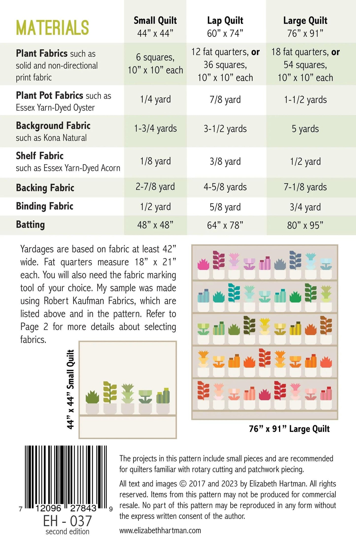 Elizabeth Hartman Greenhouse Pattern - 3 Size Variations Per Pattern