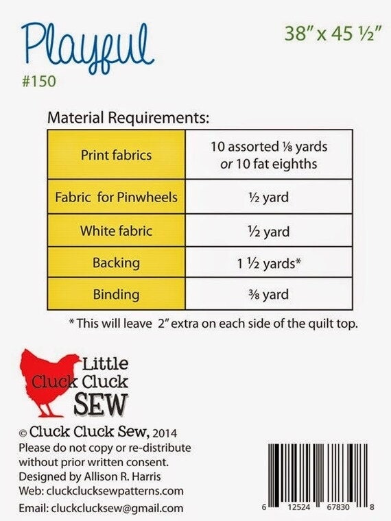 Cluck Cluck Sew Playful Quilt Pattern Finished Size: 38"x45.5"