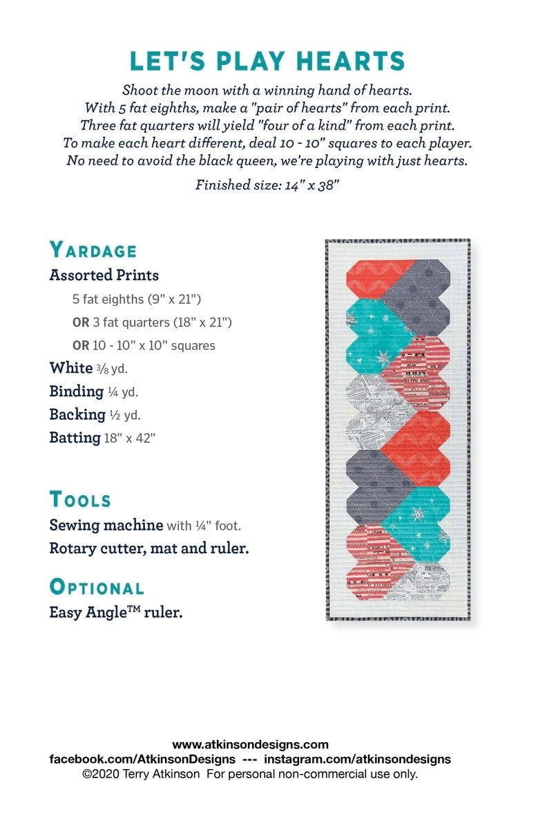 Atkinson Designs Let's Play Hearts Quilt/Table Runner Pattern Finished Size: 14"x38"