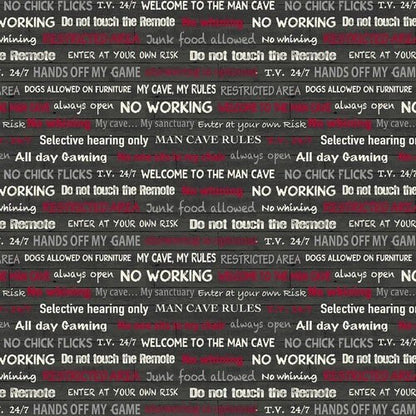 LAST BOLT!! Windham Fabrics “Man Cave” Fabric Collection Man Cave Rules on Dark Grey Premium 100% Cotton Quilt Shop Quality Fabrics