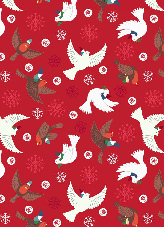 Lewis & Irene Hygge Glow Fabric Collection Glowing Flying Tomte on Red C75.2