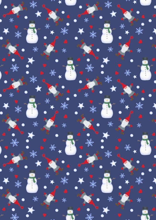Lewis & Irene Keep Believing Fabric Collection Digital Print Tomte and Snowman on Dark Blue CE16.2