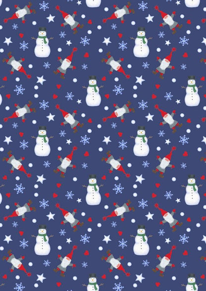 Lewis & Irene Keep Believing Fabric Collection Digital Print Tomte and Snowman on Dark Blue CE16.2