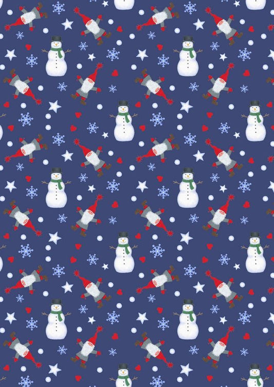 Lewis & Irene Keep Believing Fabric Collection Digital Print Tomte and Snowman on Dark Blue CE16.2