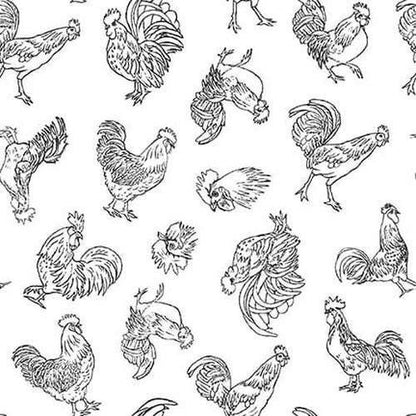 Henry Glass Farm Raised Fabric Collection Line Work Roosters on White