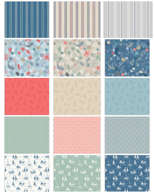 Lewis & Irene Thalassophile Fabric Collection Coastal Stripe on Light Grey Premium 100% Cotton Quilt Shop Quality Fabrics
