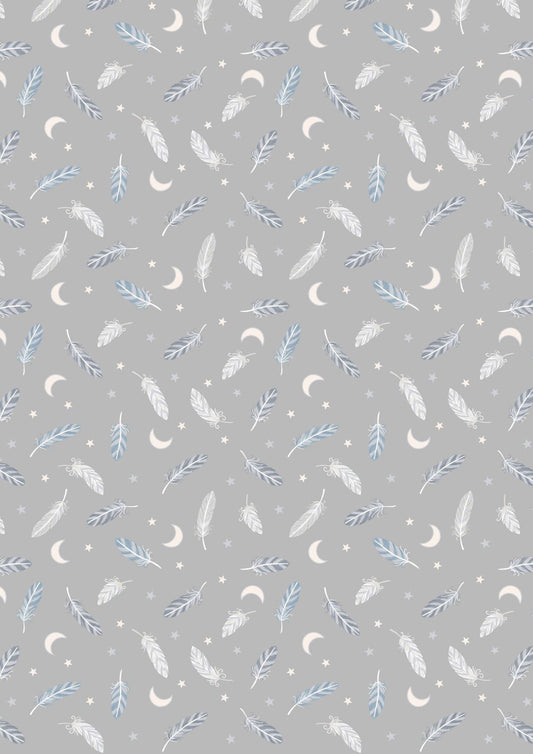 LAST BOLT! Lewis & Irene Enchanted Fabric Collection Metallic Silver Feathers and Stars on Grey Premium 100% Cotton Fabrics
