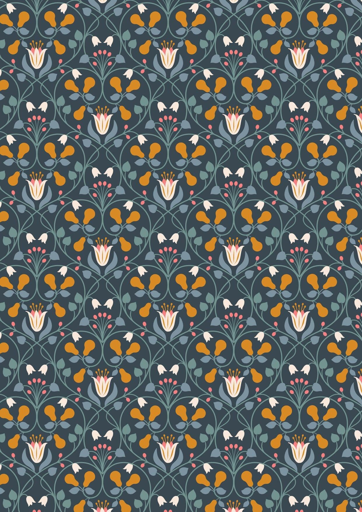 Lewis & Irene Wintertide Fabric Collection Metallic Copper Pear Hearts on Dark Blue Premium 100% Cotton Quilt Shop Quality Fabrics