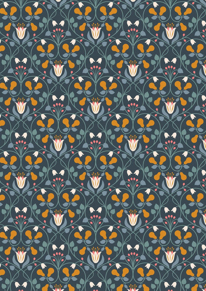 Lewis & Irene Wintertide Fabric Collection Metallic Copper Pear Hearts on Dark Blue Premium 100% Cotton Quilt Shop Quality Fabrics