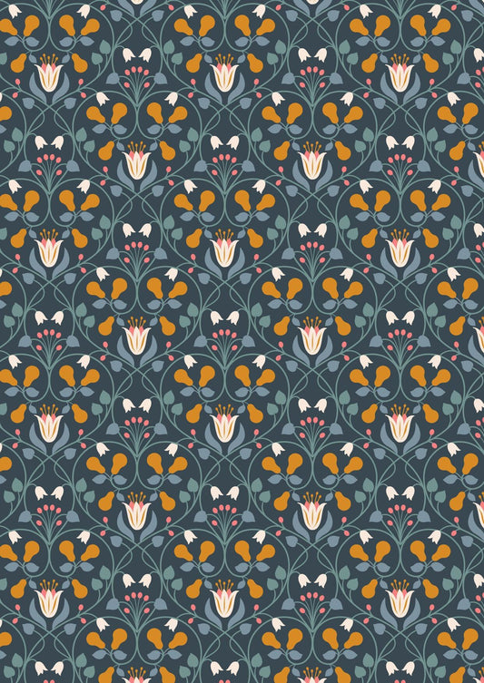 Lewis & Irene Wintertide Fabric Collection Metallic Copper Pear Hearts on Dark Blue Premium 100% Cotton Quilt Shop Quality Fabrics