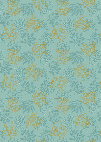 Lewis & Irene Moontide Fabric Collection Metallic Gold Octopus on Aqua Premium 100% Cotton Quilt Shop Quality Fabrics