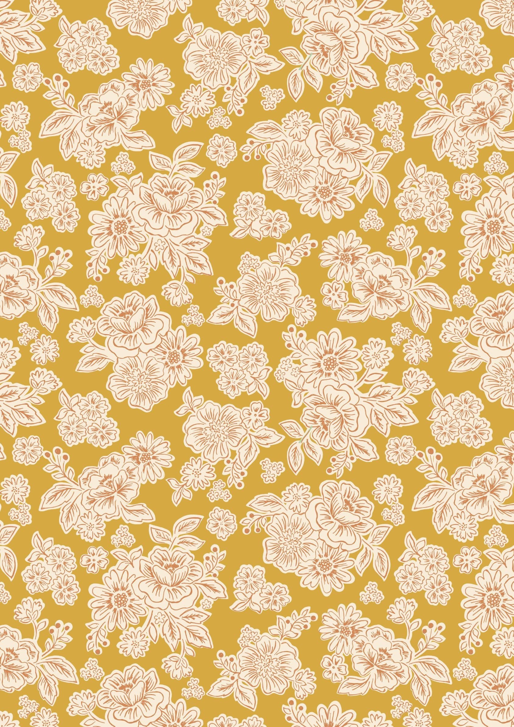 LAST BOLT! Lewis & Irene Hannah’s Flowers Fabric Collection Flower Blooms on Mustard Premium 100% Cotton Quilt Shop Quality Fabrics