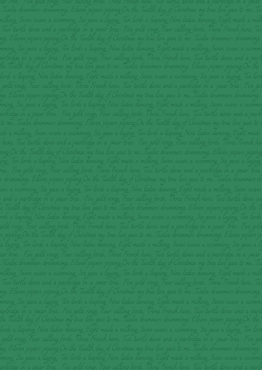 LAST BOLT!! Lewis & Irene 12 Days of Christmas Fabric Collection Christmas Script on Green Premium 100% Cotton Fabrics