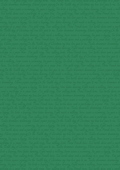 LAST BOLT!! Lewis & Irene 12 Days of Christmas Fabric Collection Christmas Script on Green Premium 100% Cotton Fabrics