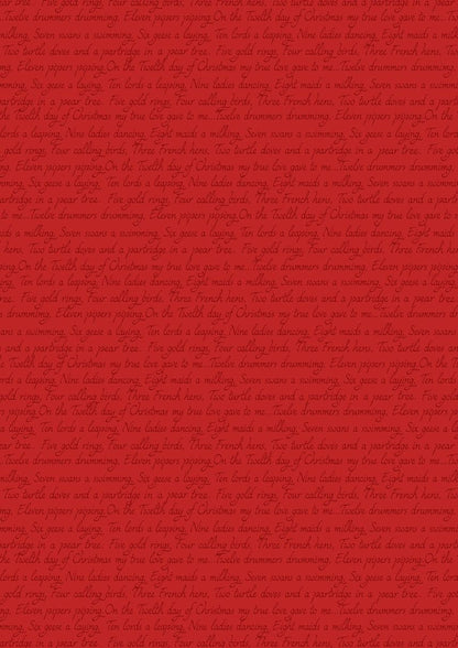 LAST BOLT!! Lewis & Irene 12 Days of Christmas Fabric Collection Christmas Script on Red Premium 100% Cotton Fabrics