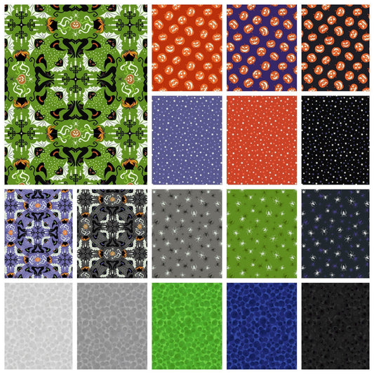 Lewis & Irene Haunted House Fabric Collection Glowing Spiders on Green A602.2