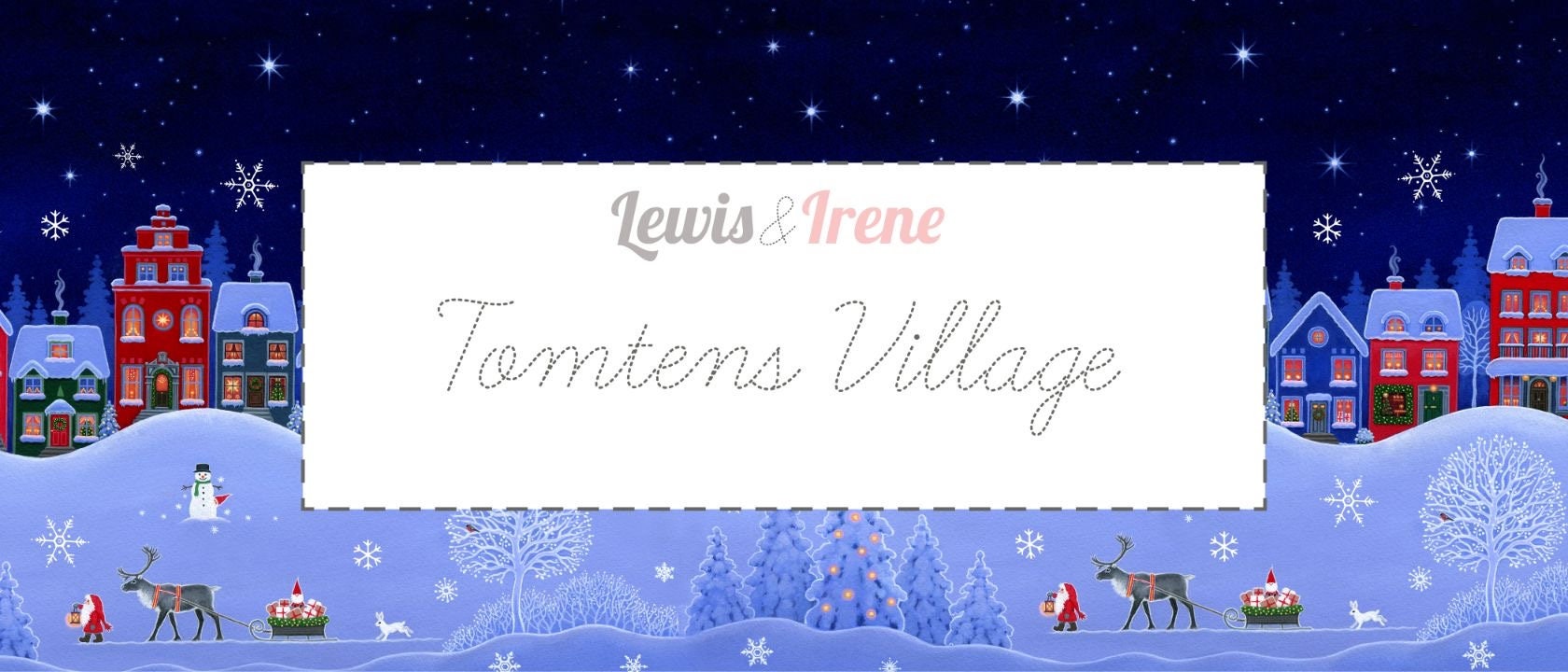 Lewis & Irene Digital Print Tomten's Village Fabric Collection Tomten and Hearts on Blue Authentic Premium 100% Cotton Fabrics