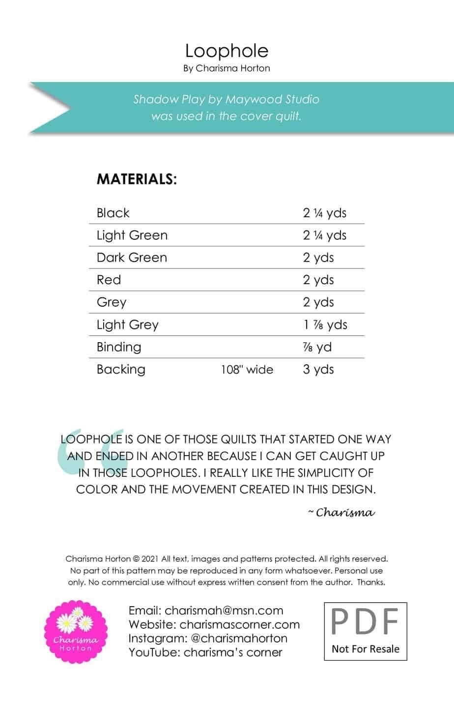 Charisma Horton Loophole Quilt Pattern Finished Size 96"x96"