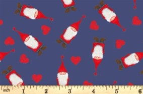Lewis & Irene Digital Print Tomten's Village Fabric Collection Tomten and Hearts on Dark Blue CE18.3