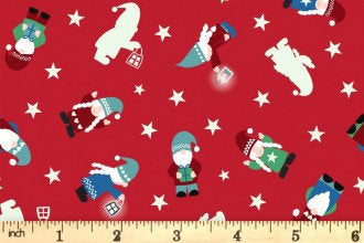 Lewis & Irene Hygge Glow Fabric Collection Glowing Mini Tomte on Red C73.2