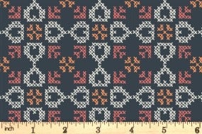 Lewis & Irene Folk Floral Fabric Collection Cross Stitch Hearts on Navy Blue A669.3