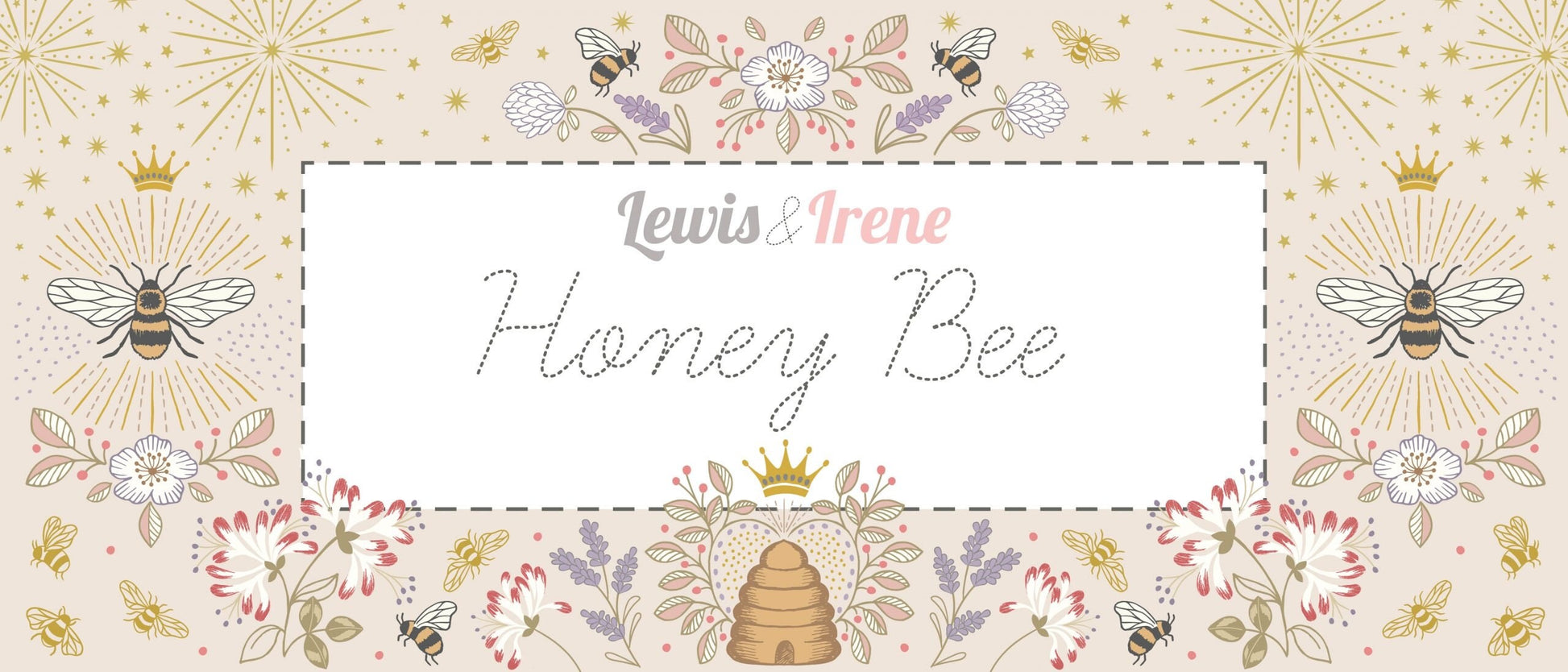 LAST BOLT!! Lewis & Irene Honey Bee Fabric Collection Starburst with Gold Metallic on Fawn Premium 100% Cotton Fabrics