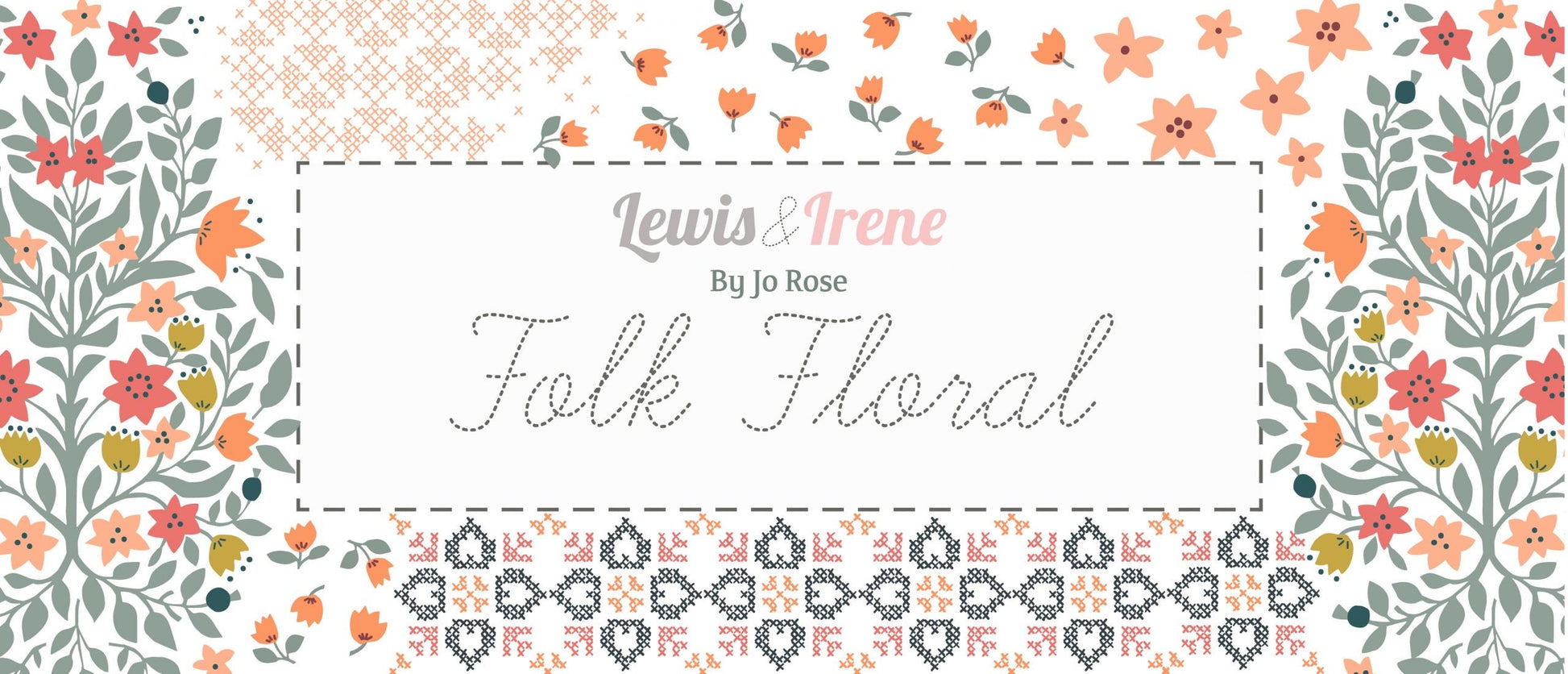 Lewis & Irene Folk Floral Fabric Collection Cross Stitch on Autumn Orange Authentic Premium 100% Cotton Fabrics