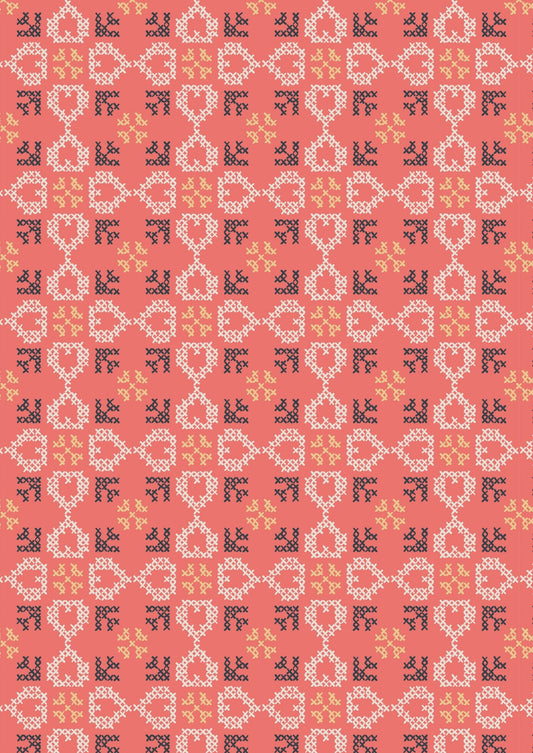 Lewis & Irene Folk Floral Fabric Collection Cross Stitch Hearts on Coral Premium 100% Cotton Quilt Shop Quality Fabrics