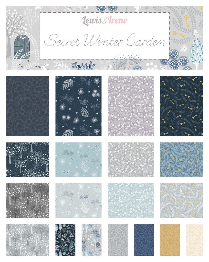 Lewis & Irene Secret Winter Garden Fabric Collection Frosted Garden on Dark Blue with Pearl Elements A659.3