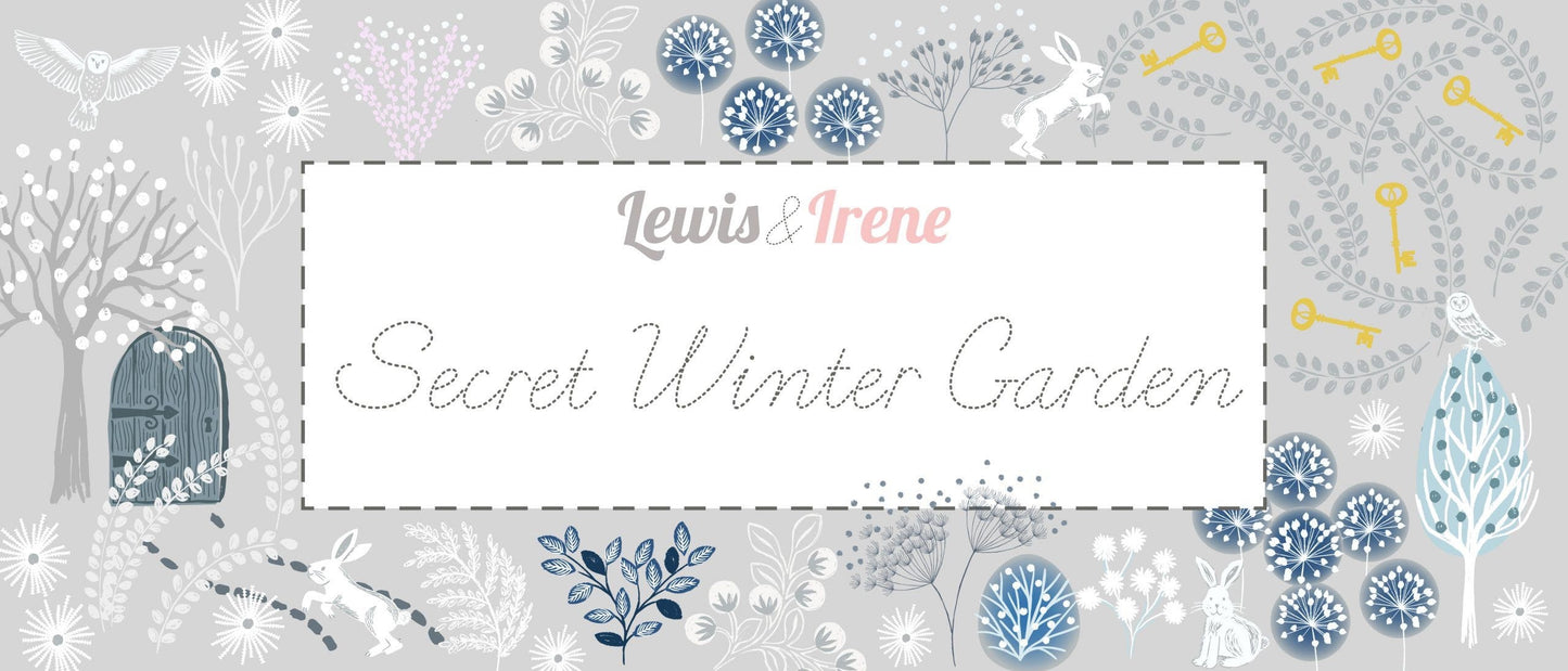 Lewis & Irene Secret Winter Garden Fabric Collection Frosted Garden on Dark Blue with Pearl Elements A659.3