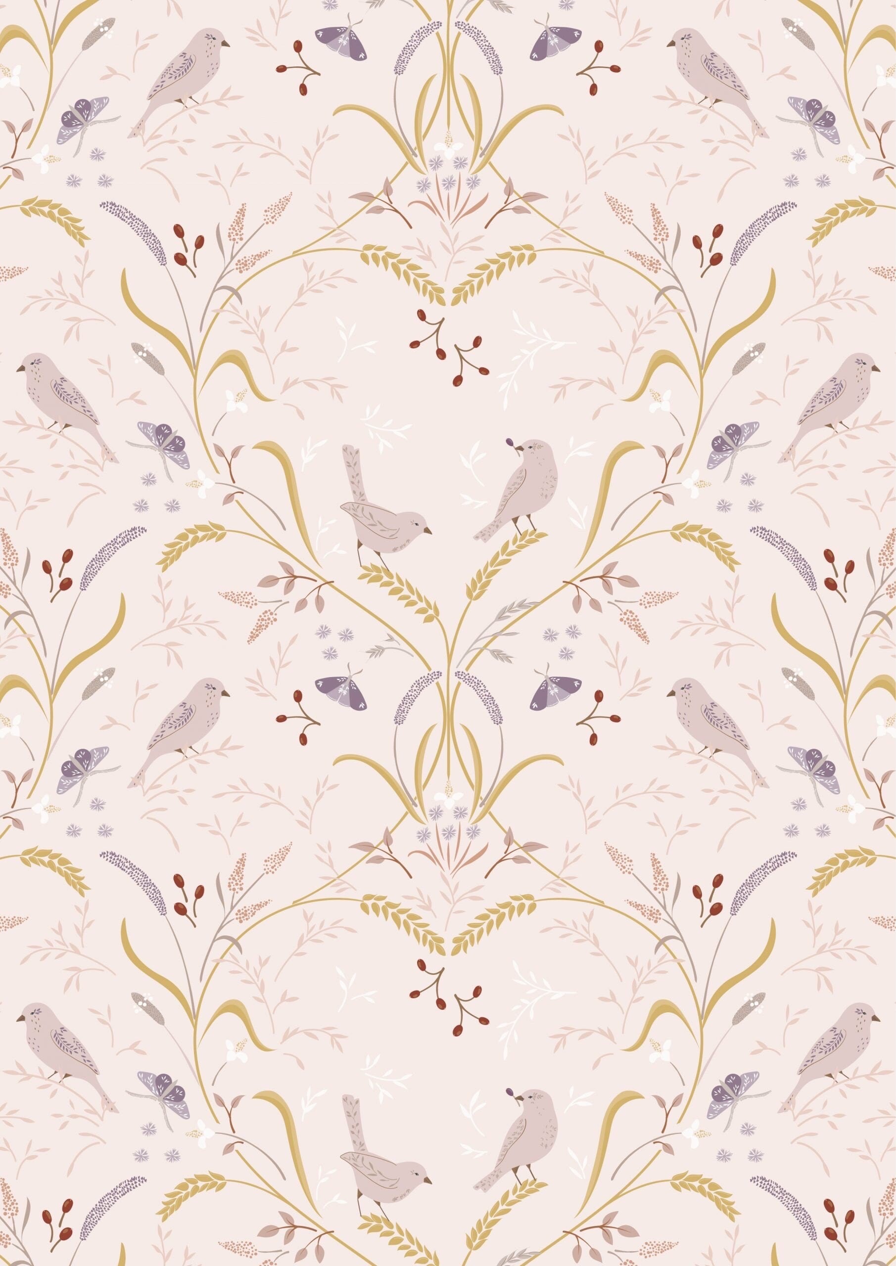 Lewis & Irene Meadowside Fabric Collection Bird By Bird on Ecru Pink Premium 100% Cotton Quilt Shop Quality Fabrics