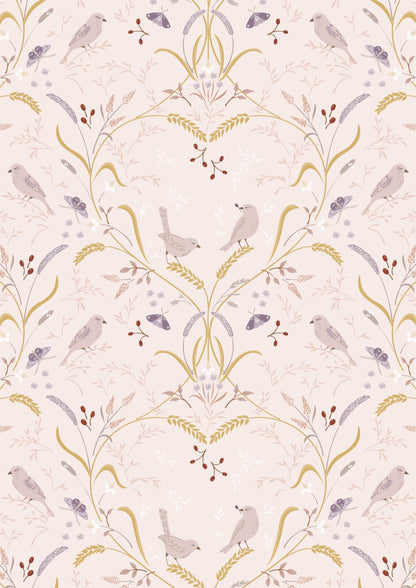 Lewis & Irene Meadowside Fabric Collection Bird By Bird on Ecru Pink Premium 100% Cotton Quilt Shop Quality Fabrics