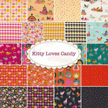Poppie Cotton Kitty Loves Candy Fabric Collection Pumpkin Patch on Orange Premium 100% Quilt Shop Quality Cotton Fabrics
