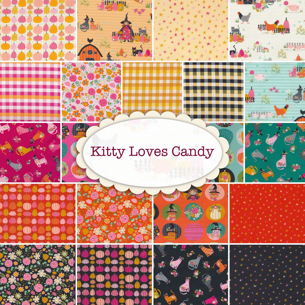 Poppie Cotton Kitty Loves Candy Fabric Collection Stars on Black