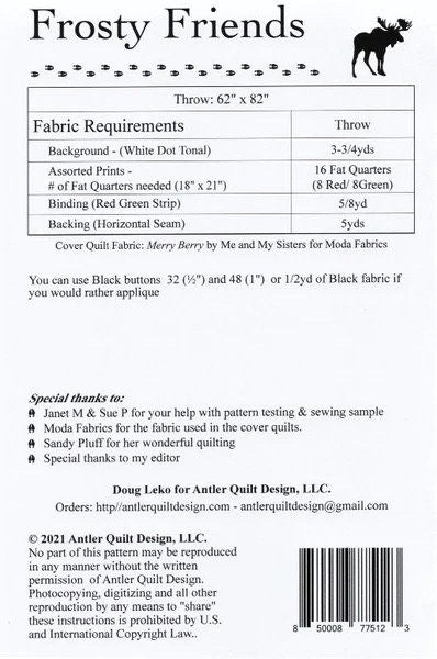 Doug Leko Antler Quilt Designs Frosty Friends Quilt Pattern Finished Size: 62"x82"