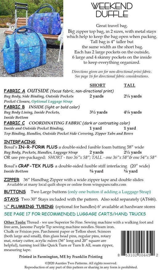 Aunties Two Weekend Duffle Bag Pattern Includes 2 Pre-Bent Bag Stays (2 Size Variations Per Pattern)