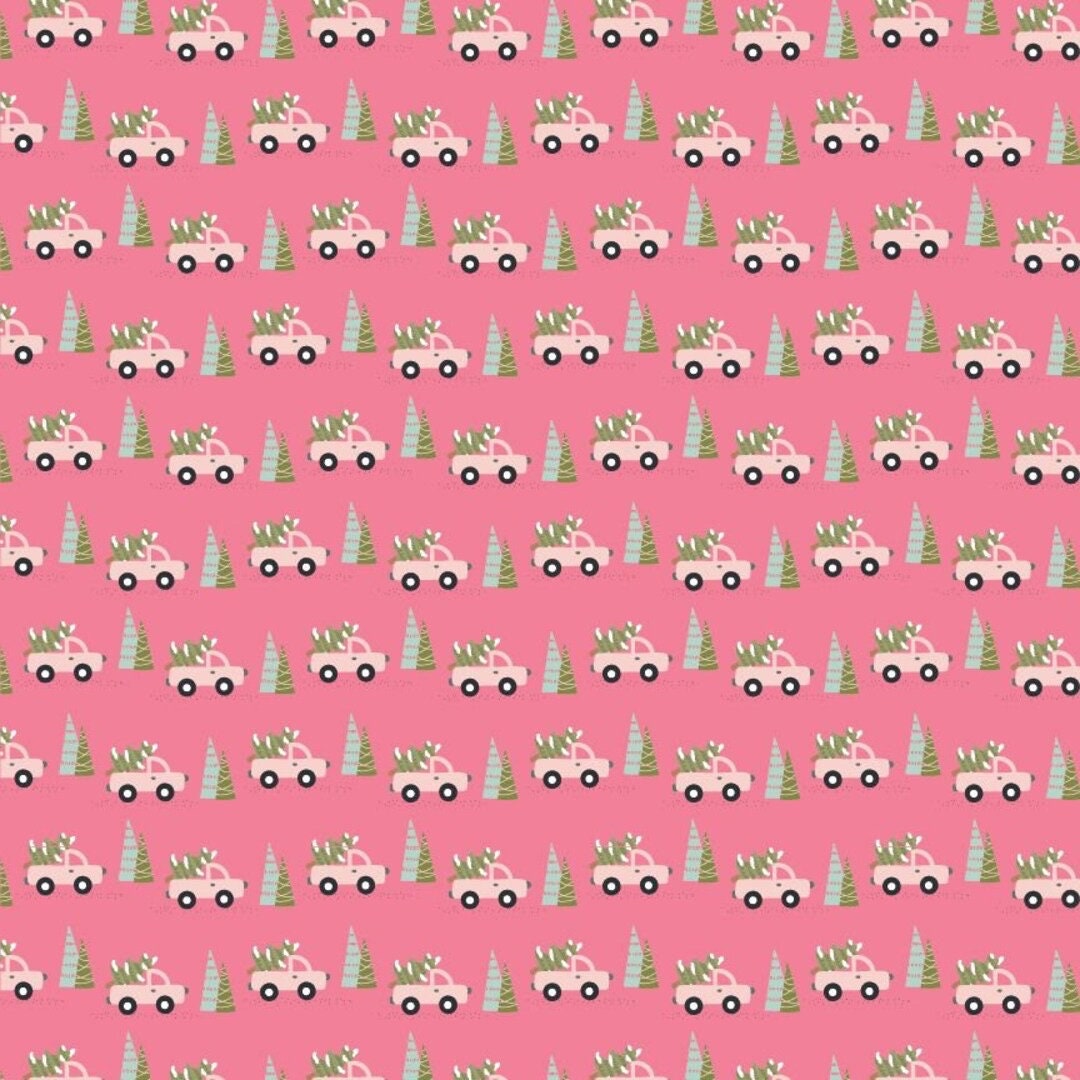 Poppie Cotton Snuggle Up Buttercup Fabric Collection Trucks & Trees on Pink Premium 100% Cotton Quilt Shop Quality Fabrics