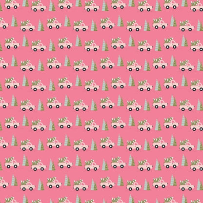 Poppie Cotton Snuggle Up Buttercup Fabric Collection Trucks & Trees on Pink Premium 100% Cotton Quilt Shop Quality Fabrics