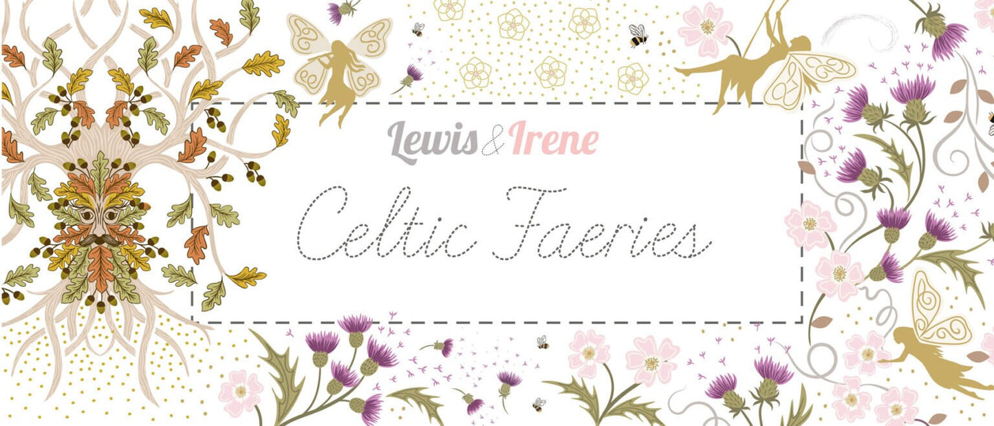 Lewis & Irene Celtic Fairies Fabric Collection Gold Metallic Celtic Flowers on Dark Cream A732.1