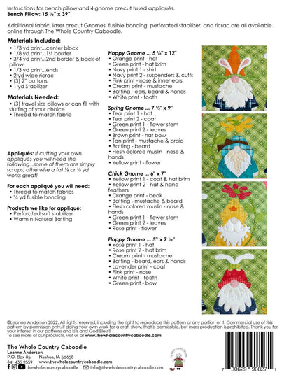 The Whole Country Caboodle Spring Gnomes Bench Pillow Precut Pack Pattern Finished Size: 15-1/2"x39"