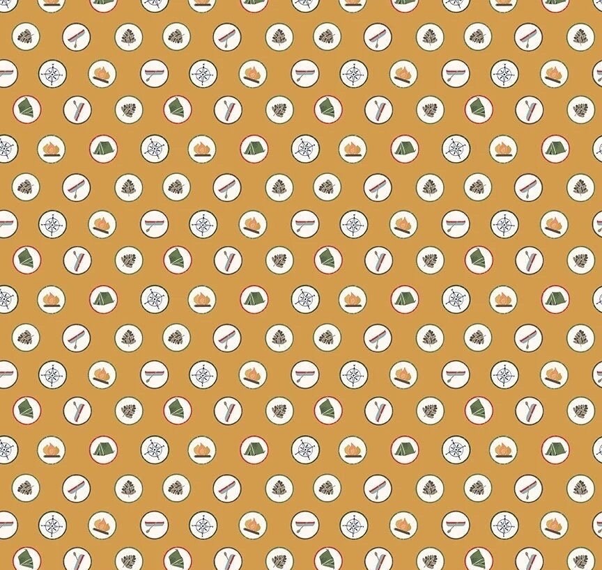 Riley Blake Love You S'more Fabric Collection Badges on Gold Premium 100% Cotton Quilt Shop Quality Fabrics