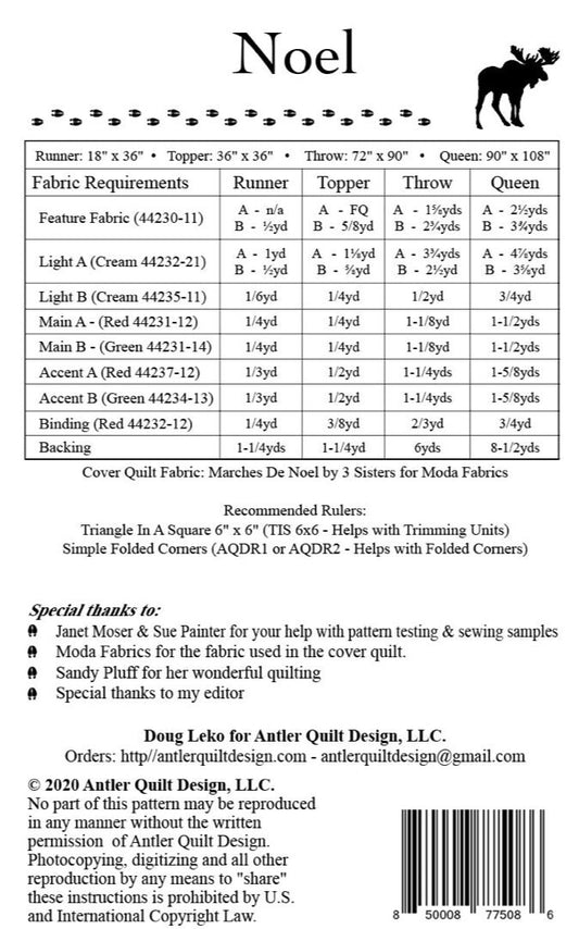 Doug Leko Antler Quilt Designs Noel Quilt Pattern (4 Size Variations Per Pattern)