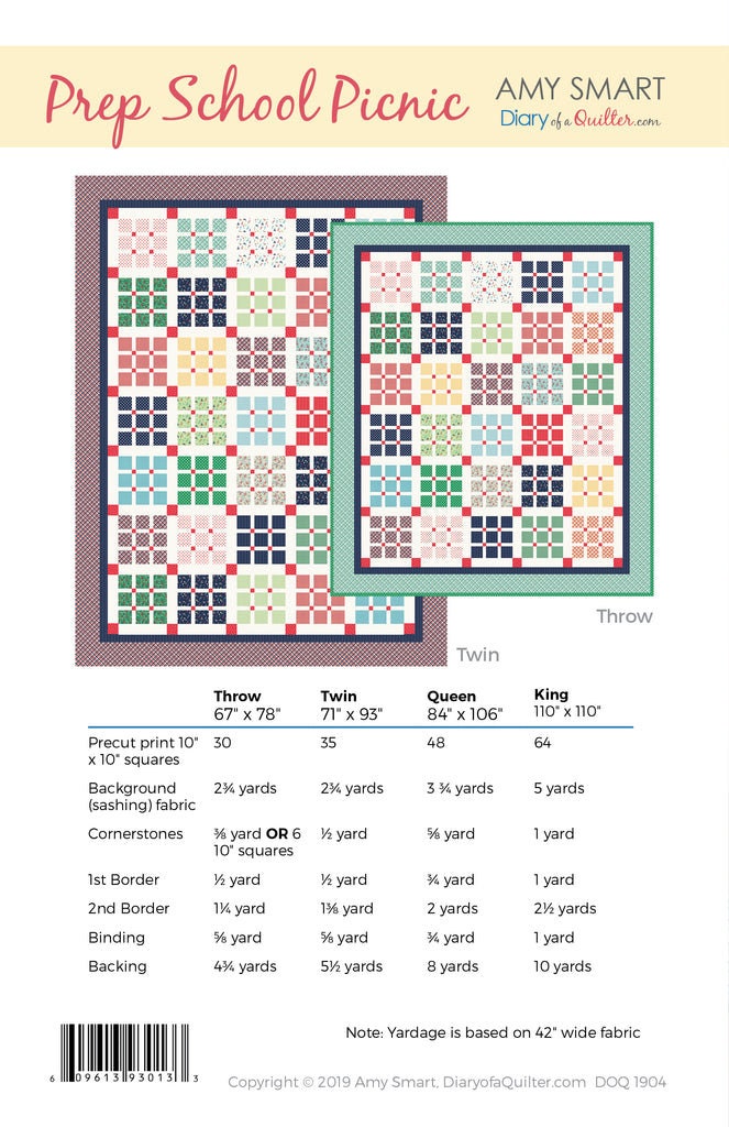Diary of a Quilter Amy Smart Prep School Picnic Quilt Pattern (4 Size Variations Per Pattern)