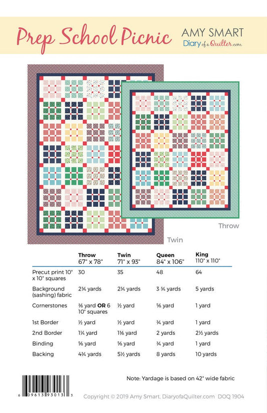 Diary of a Quilter Amy Smart Prep School Picnic Quilt Pattern (4 Size Variations Per Pattern)