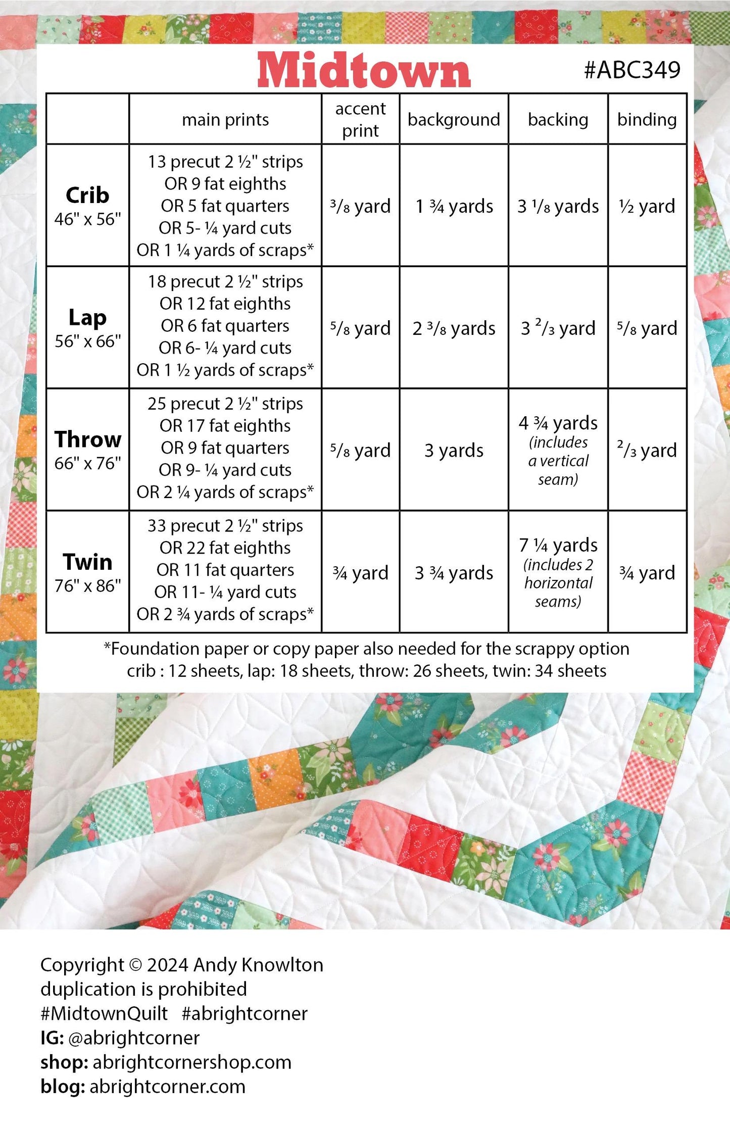 A Bright Corner Midtown Quilt Pattern - 4 Size Variations Per Pattern ABC349