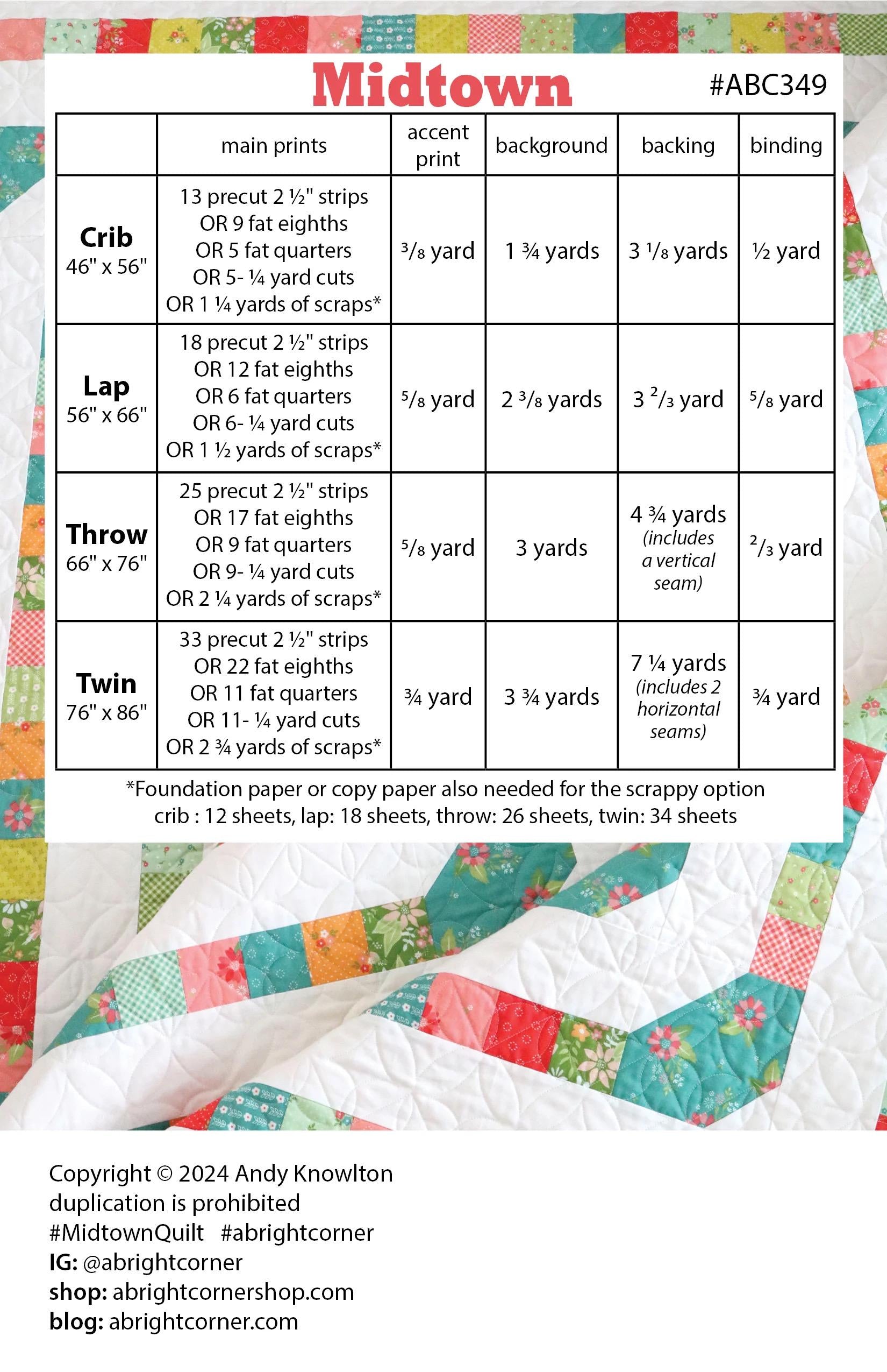 A Bright Corner Midtown Quilt Pattern - 4 Size Variations Per Pattern ABC349