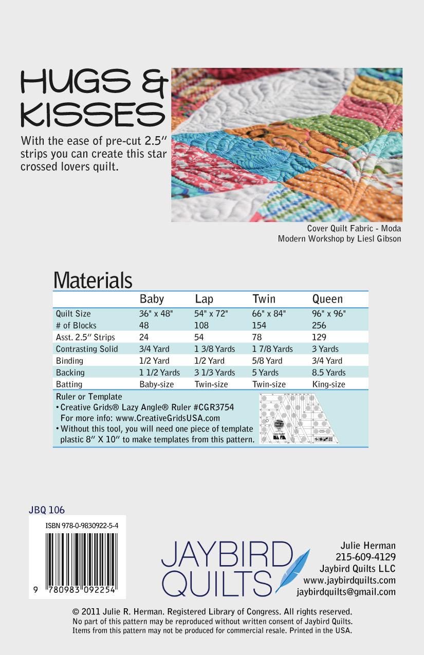 Jaybird Quilt Hugs & Kisses Quilt Pattern - 4 Size Variations Per Pattern