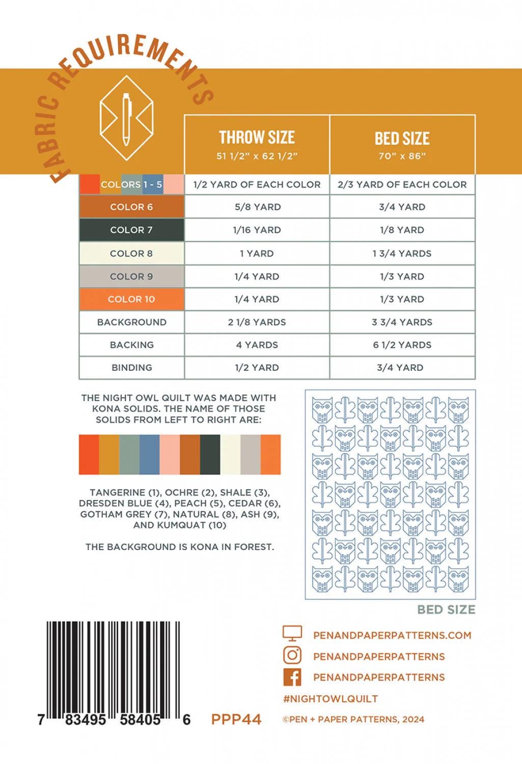 Pen + Paper Patterns Night Owl Quilt Pattern - 2 Size Variations Per Pattern (Optional Fineline Glue Tip Sets Available)