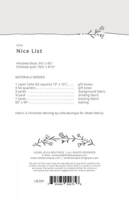 Lella Boutique Nice List Quilt Pattern Finished Sized: 76.5"x81.5"
